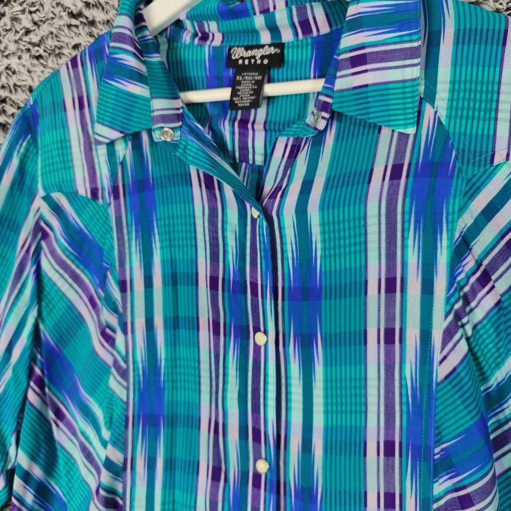 Wrangler Retro Womens Cowgirl Vibrant Western Bell Sleeve Shirt XL Ikat Plaid - Picture 6 of 10